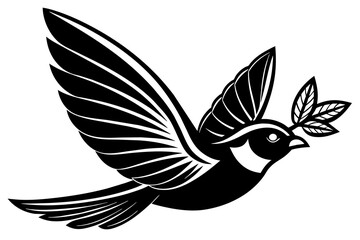 Flying bird icon logo with leave in his lips vector silhouette 