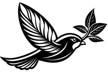 Flying bird icon logo with leave in his lips vector silhouette 