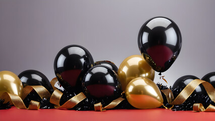  background with black and gold balloons and ribbons.