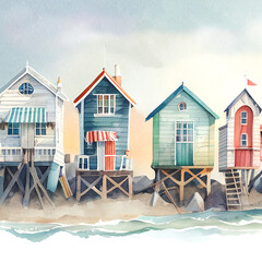Summer houses at the ocean beach watercolor illustration, cartoon drawing of wooden huts for travelers on vacation at the sand sea coast landscape