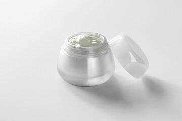 open lid skincare jar container mockup, luxury facial cream reveal in glass bottle, realistic 3D render purity gel  product packaging, clean cosmetic bottle pack shot scene, modern unique makeup jar