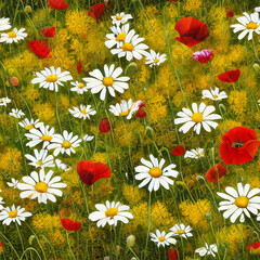 Beautiful seamless pattern of a field of red, yellow, and white flowers- Red poppies and white daisy in the grass