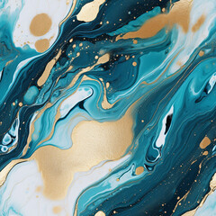 Abstract fluid paint with golden inserts modern background, creative design, acrylic texture liquid art, marble wallpaper, blue flow pattern