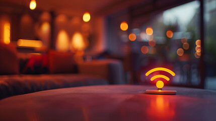 WiFi Symbol Illuminating a Cozy Corner in a Modern Cafe, Indicating Wireless Connectivity