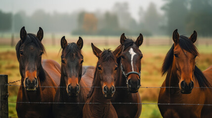 Row of Horses with Diverse Coats Standing Together at Fence in Countryside