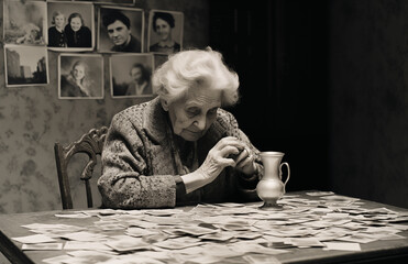Old woman looking at vintage photos, nostalgia mood, elderly lady remembering her life through photo cards
