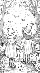 People: A coloring book page featuring a group of kids in costumes trick-or-treating on Halloween night