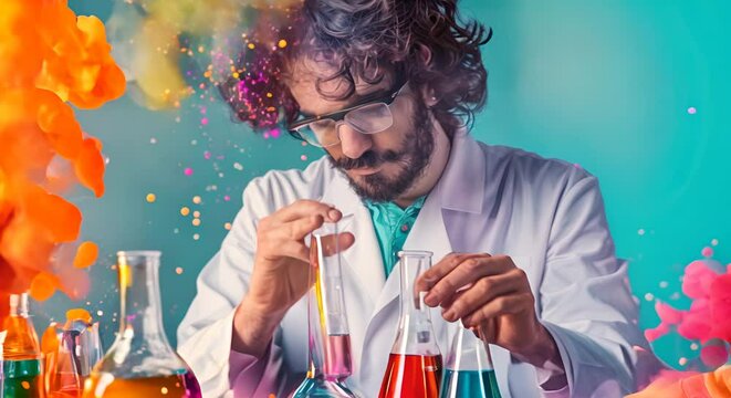 Science influencer conducting experiments, lab equipment and colorful chemicals