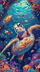 Fototapeta na wymiar Underwater: A coloring book page depicting a majestic sea turtle swimming gracefully among colorful fish and coral