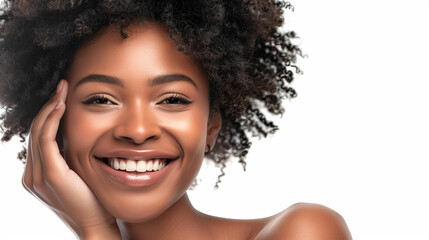 beautiful black woman with radiant skin smiling  on a white background, beauty and spa advertising...