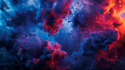 Amidst the vast darkness of an infinite abyss, vibrant tendrils of red and blue ink collide in a mesmerizing dance. - obrazy, fototapety, plakaty