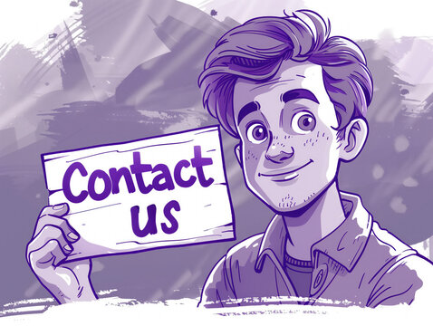 Ilustraci&oacute;n de un joven con un cartel con el texto "Contact US", cont&aacute;ctenos, para ser usado como recurso publicitario, reclamo, llamada, en tonos grises, violetas y blancos, web, blog, afiche anuncio
