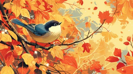 Poster An autumn scene featuring a tit bird set against a backdrop of golden maple leaves depicted in a vivid and colorful 2d illustration reminiscent of a postcard © AkuAku