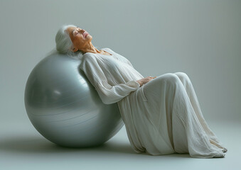 Mujer mayor 70s haciendo ejercicio de fuerza con las piernas ejerciendo presión con su espalda sobre la pelota de pilates plateada, relajación, musculatura, equilibrio, yoga