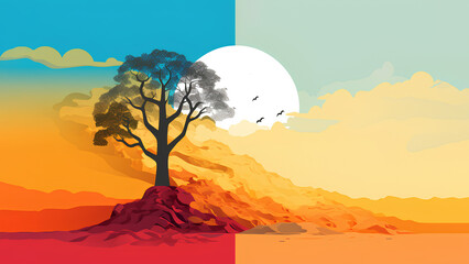 Colorful illustration of a tree on a hill and the moon behind. Red and blue. Changing season of nature. Save the planet.