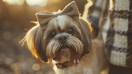 Close Up Portrait of a Shih Tzu with Unique Head Features and Stylish Bow Walking with Owner
