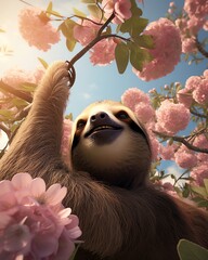 Naklejka premium A playful sloth, hanging upside down from a giant flower, used its long arms to swing between blossoms, enjoying the sweet nectar and the gentle breeze