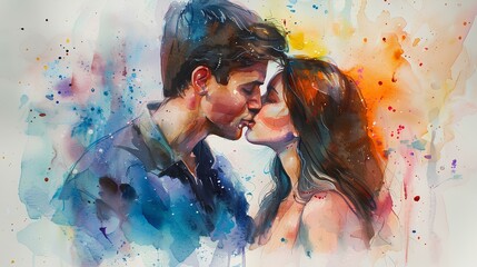 Double exposure of young couple kissing on colorful watercolor painting background.