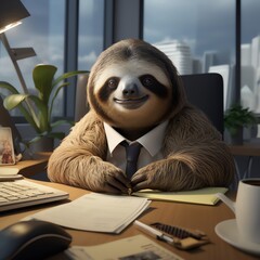 Naklejka premium A stressed CEO brought his emotional support sloth to important meetings, finding its calming presence more effective than any meditation app