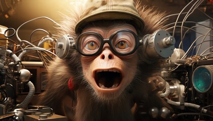 A scatterbrained inventor relied on his loyal but mischievous capuchin monkey to test his wacky contraptions, leading to many hilarious and sometimes destructive results - obrazy, fototapety, plakaty