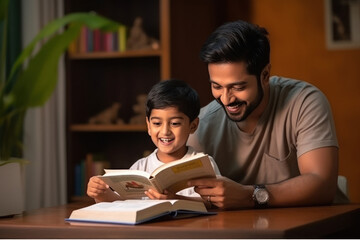 indian father teaching or helping the son for reading a book