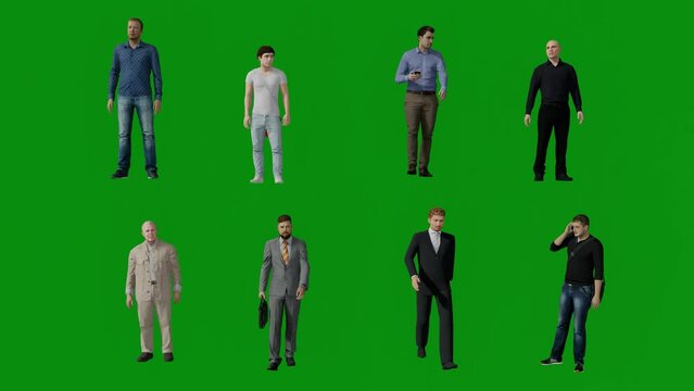 3D several different male inspectors on green screen standing walking and monitoring around and asking and front 4K