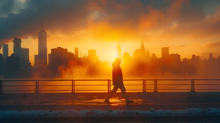 Fototapeta premium Ambitious Early Morning Stride Through Iconic Urban Skyline During Radiant Sunrise or Sunset