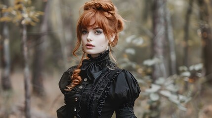 Fototapeta na wymiar Captivating Redheaded Model in Moody Gothic Inspired Outdoor Fashion Editorial