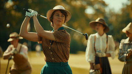 An American businesswoman in vintage clothing, playing golf