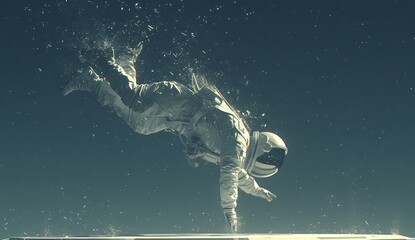 astronaut doing a handstand, in a white spacesuit with stars floating around him, isolated on a grey background, with a space theme
