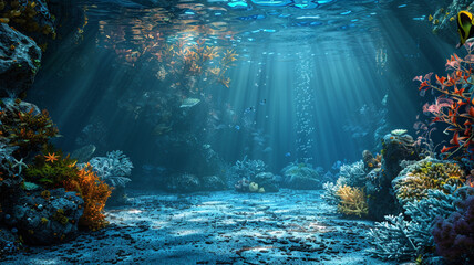 underwater view, coral reef and fishes, scuba diving , sea vacation