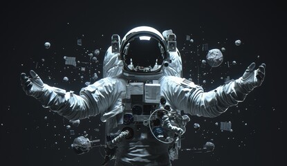 astronaut doing a handstand, in a white spacesuit with stars floating around him - obrazy, fototapety, plakaty