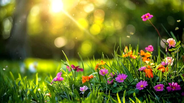 Scene of various kinds of flowers in the garden with a blurry background, animated virtual repeating seamless 4k