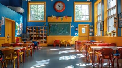 Colorful classroom interior, chalkboard and tables for children in the school. Generative AI.