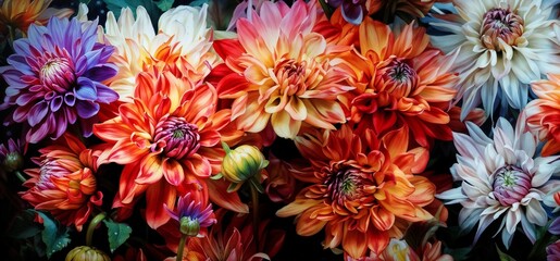 Colorful chrysanthemums, top view, photorealistic. For posters, banners. Beatiful floral background.