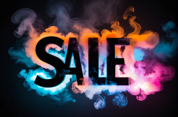 hot sale, text sale in clouds of multi-colored smoke on the background, design for poster, banner
