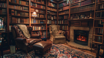 British Library Vibes A cozy living room with floor-to-ceiling bookshelves filled with leather-bound classics. 