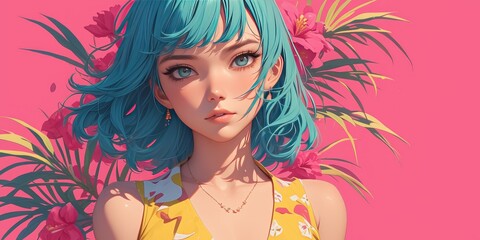 A beautiful woman, with a pink background featuring flowers and leaves, teal hair