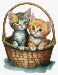kittens in a basket - obrazy, fototapety, plakaty