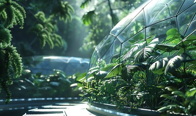 Create a digital 3D rendering showcasing a side view of a futuristic botanical dome housing a diverse array of rare plants Emphasize the unique structure and advanced technology supporting the preserv - obrazy, fototapety, plakaty