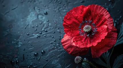 Red poppy flower on black background - obrazy, fototapety, plakaty