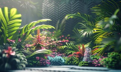 Create a digital rendering of a futuristic rare plant garden from a side angle using pixel art, infusing a blend of vibrant colors and geometric shapes to convey a sense of innovation and creativity - obrazy, fototapety, plakaty