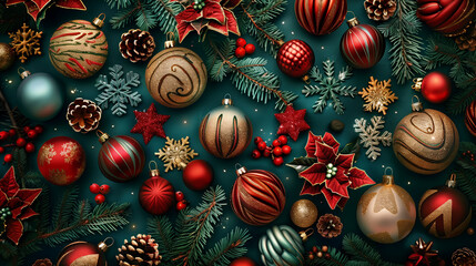 christmas balls on red background - obrazy, fototapety, plakaty