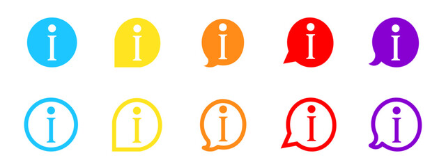 Information vector color icons of vision bulbs with letter I isolated on white background. Colored bubbles pointers information icons signs.