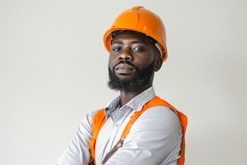 Engineer poseting with hardhat white background.