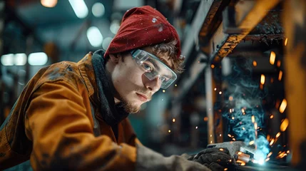 Fotobehang Young male welder working in machine shop. Generative AI. © visoot