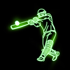Cricket player neon vector art green, blue, red. Cricket batsman neon art. Cricket Batsman, Neon light effect, full black background. 