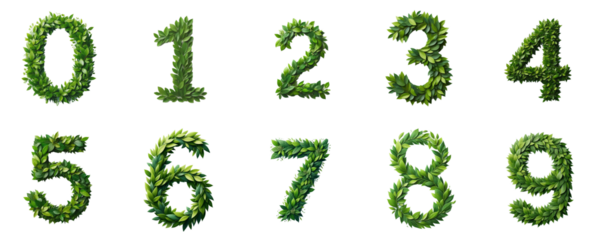 Fresh Leafy Numbers Collection, set of floral layout numbers  made from fresh green leaves isolated on white background	