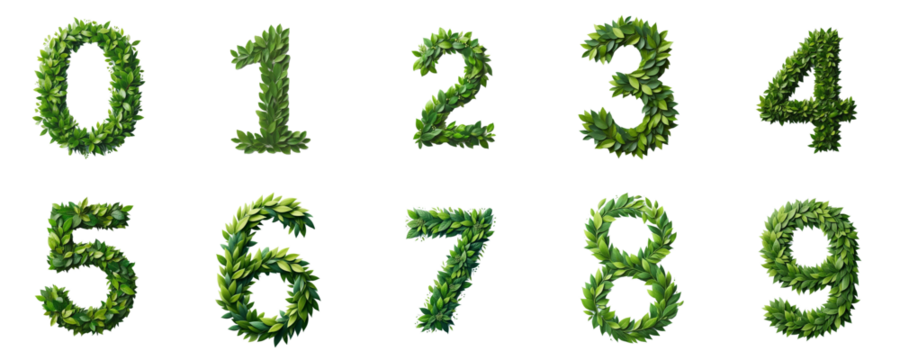 Fresh Leafy Numbers Collection, set of floral layout numbers  made from fresh green leaves isolated on white background	
