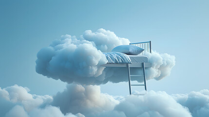Surreal floating bed on a cloud with ladder against a blue sky, symbolizing peace, dream, and relaxation.